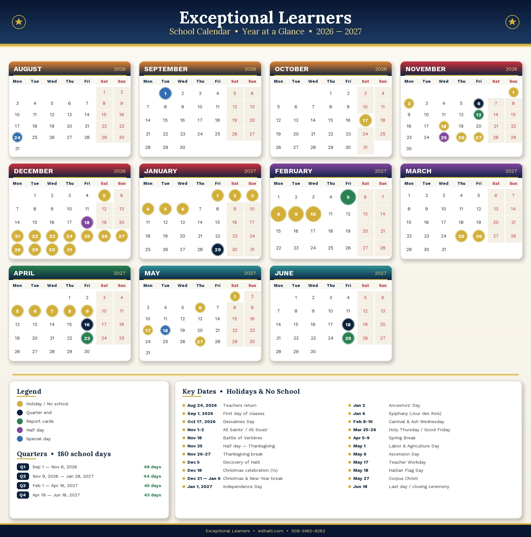 EXL 2026–2027 year-at-a-glance school calendar with all months and Haitian holidays highlighted