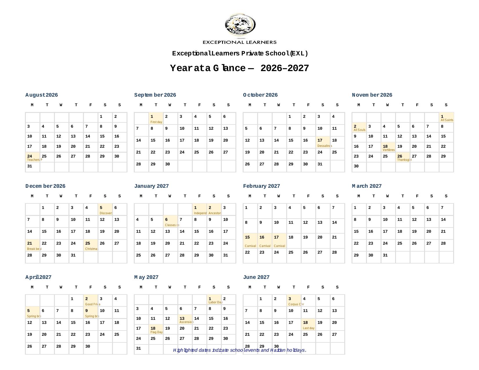 EXL 2026–2027 year-at-a-glance school calendar with all months and Haitian holidays highlighted